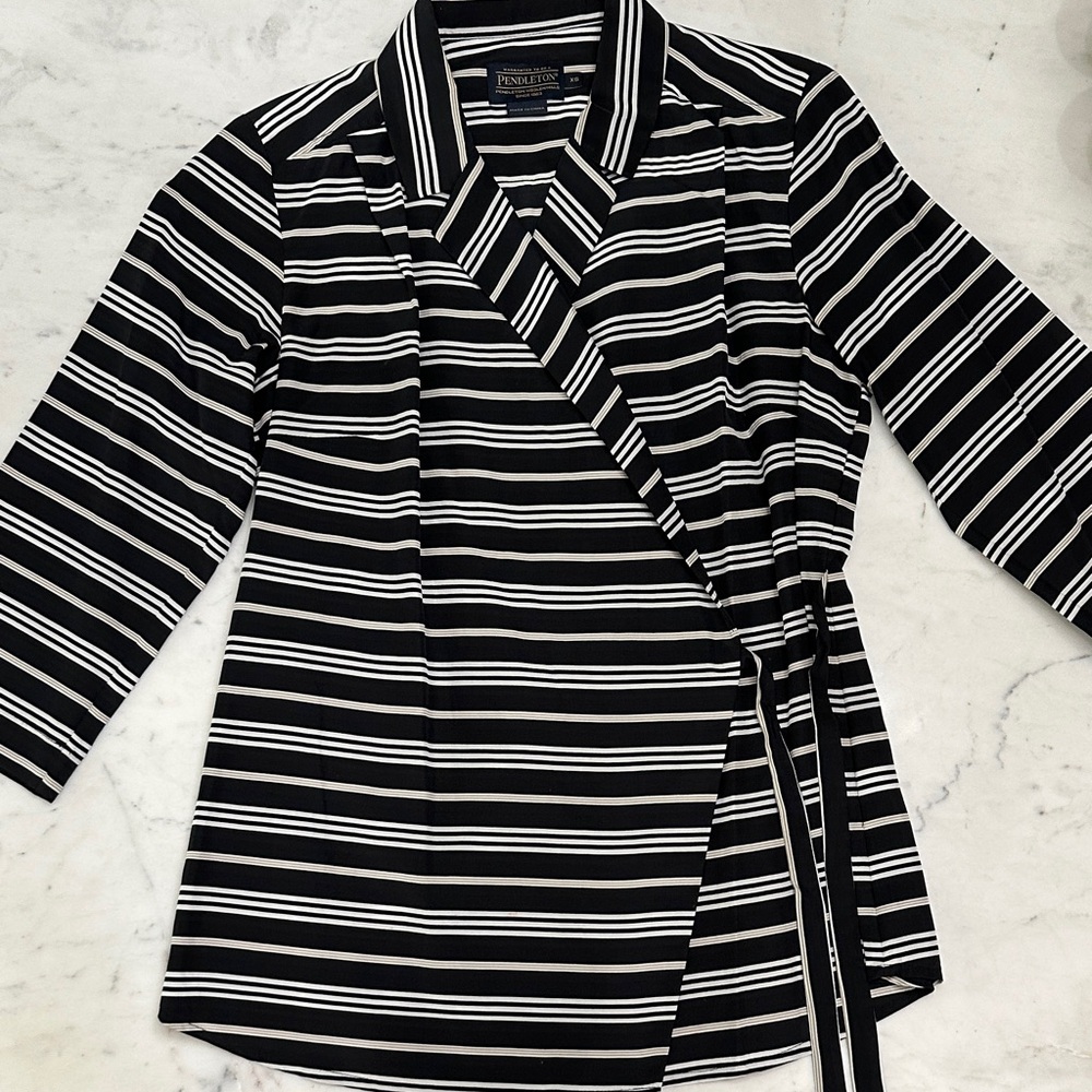 Pendleton Black and White Striped Wrap Around Blouse